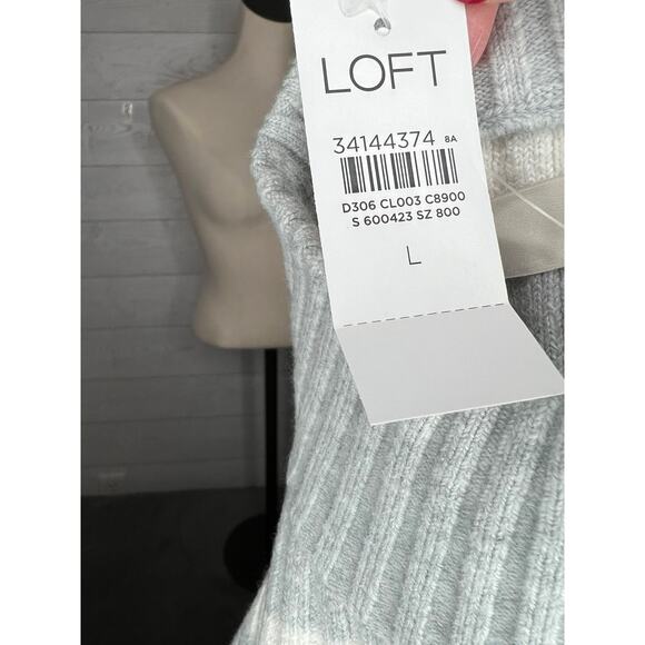 Loft gray & white striped ribbed knit mock t-neck pullover sweater Size L NWT - Picture 6 of 7